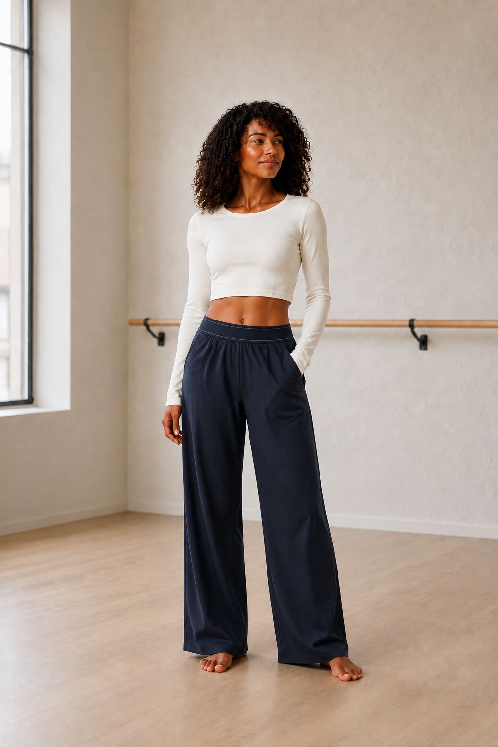 Navy Wide-Leg Pleated Pants front view on model