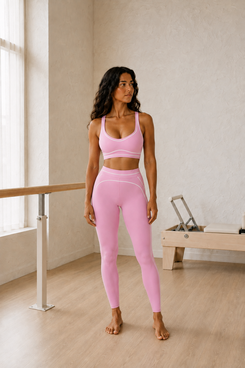 Pink Piped Sports Bra and High-Waist Leggings Set front view on model