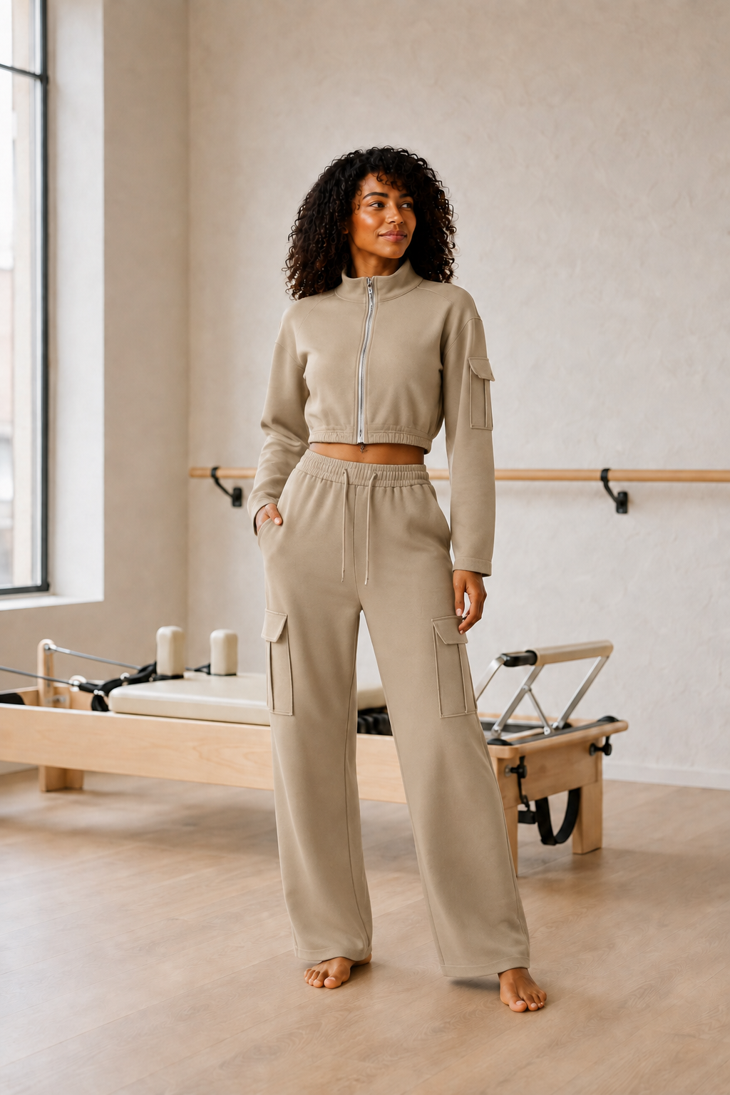Taupe Cropped Zip Jacket and Cargo Pants Set front view on model