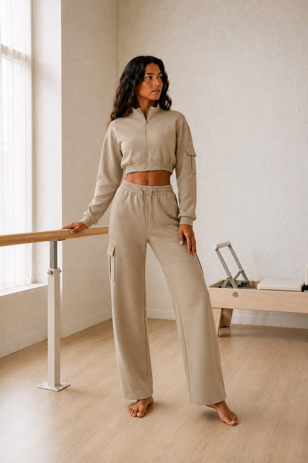 Taupe Cropped Zip Jacket and Cargo Pants Set front view on model
