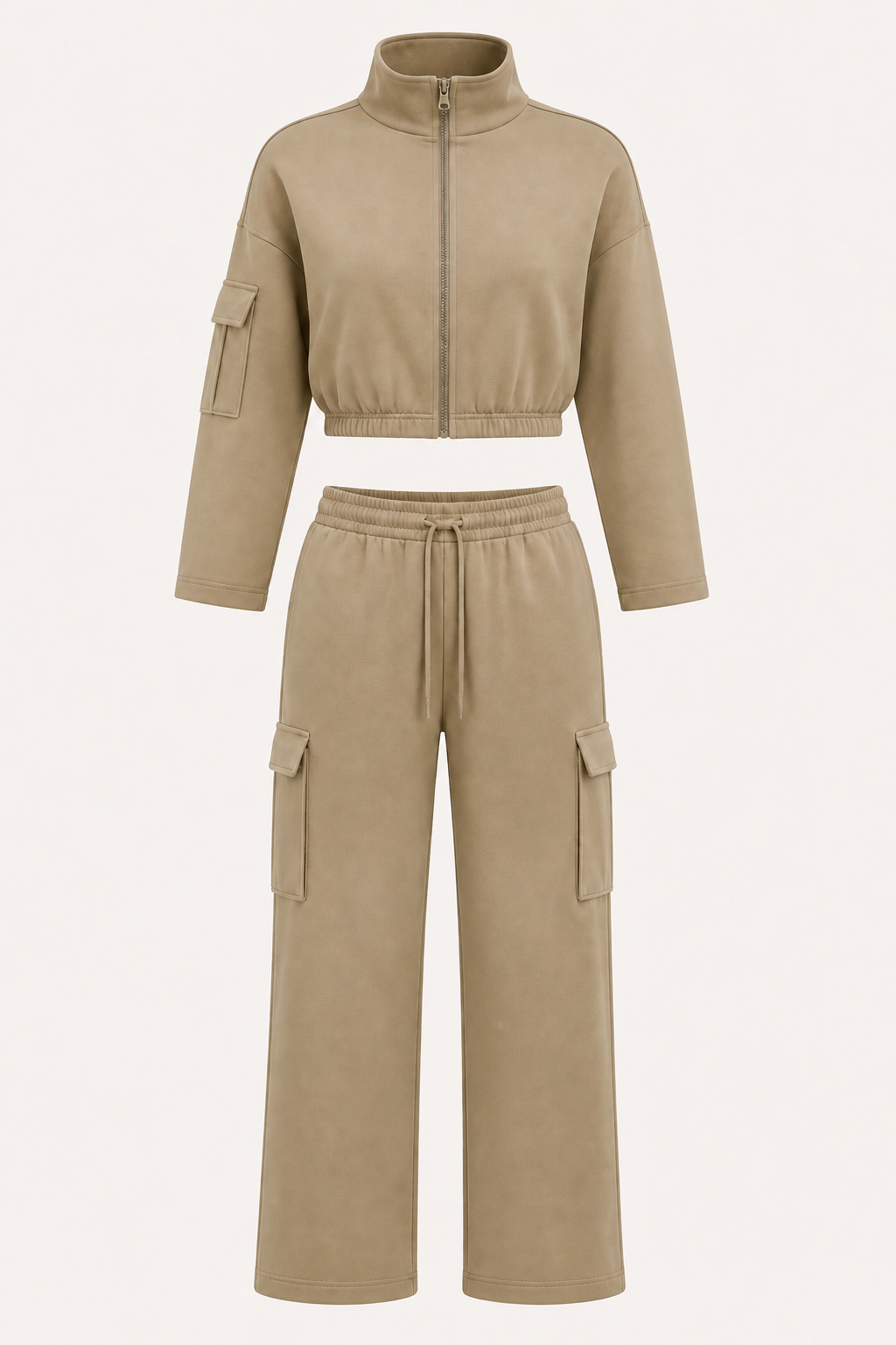 Taupe Cropped Zip Jacket and Cargo Pants Set studio product view