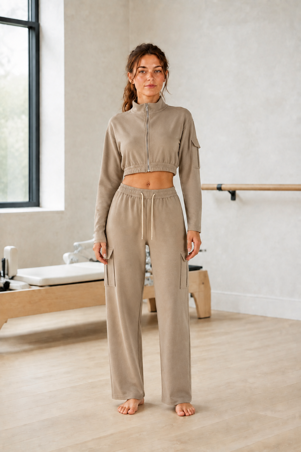 Taupe Cropped Zip Jacket and Cargo Pants Set front view on model