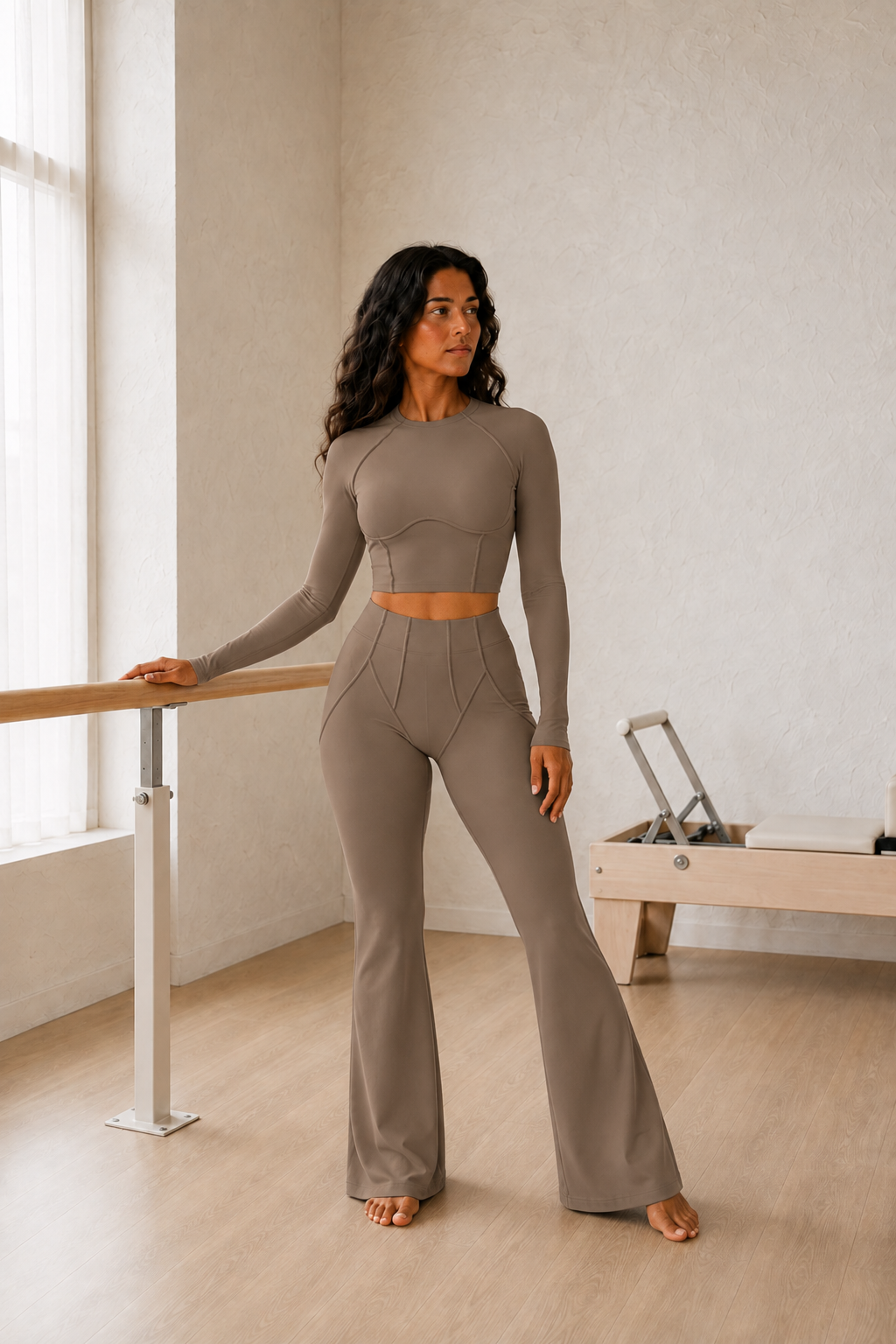 Taupe Long-Sleeve Seamed Crop Top and High-Waist Flare Pants Set front view on model