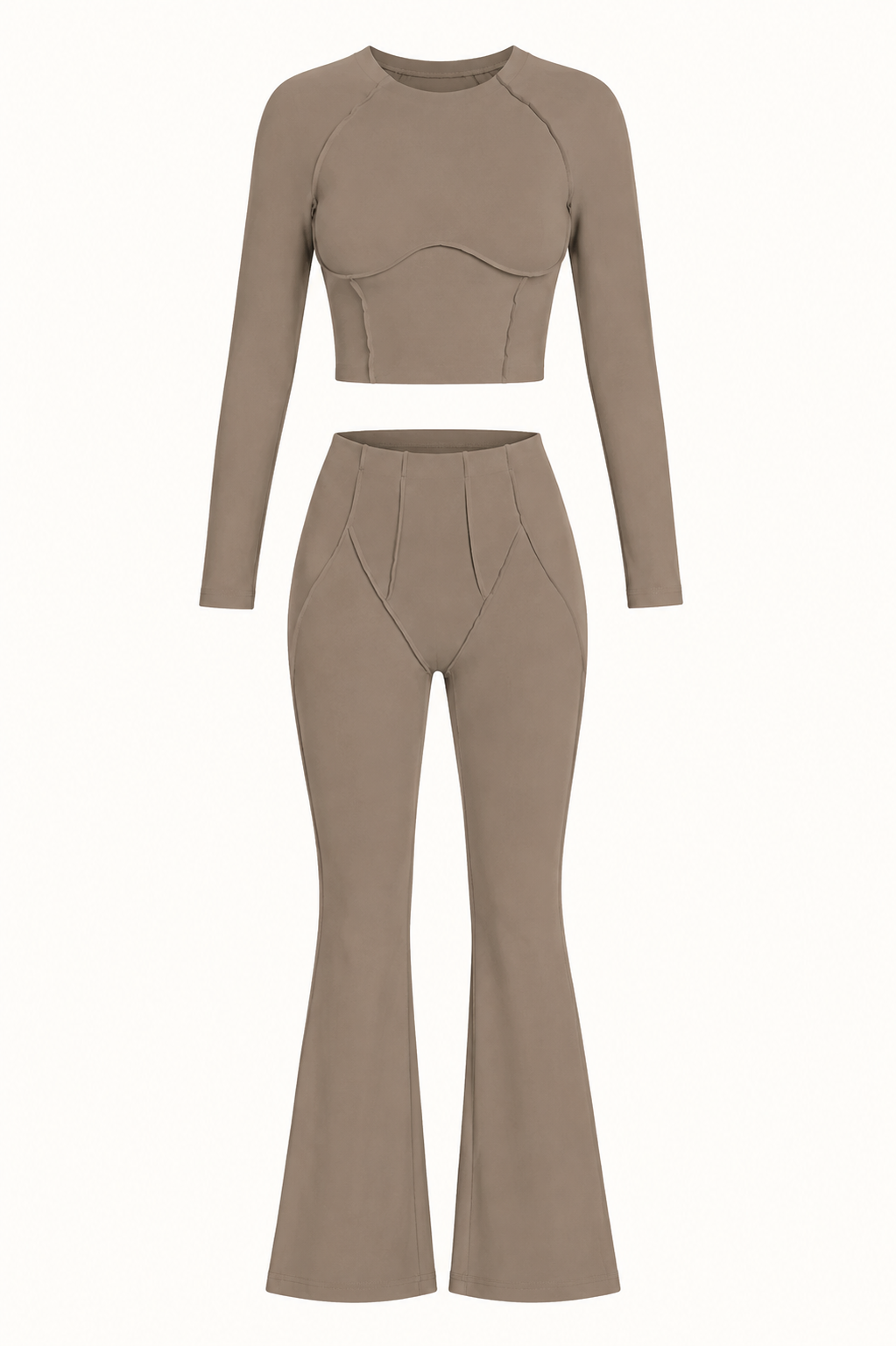 Taupe Long-Sleeve Seamed Crop Top and High-Waist Flare Pants Set studio product view
