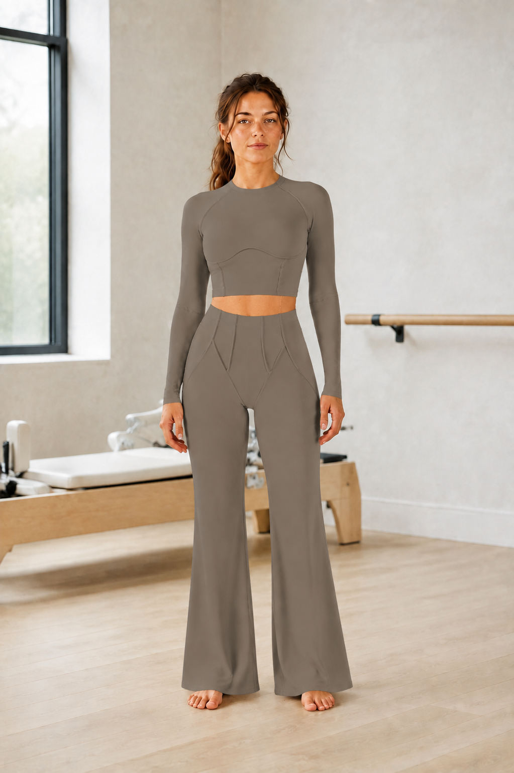 Taupe Long-Sleeve Seamed Crop Top and High-Waist Flare Pants Set
