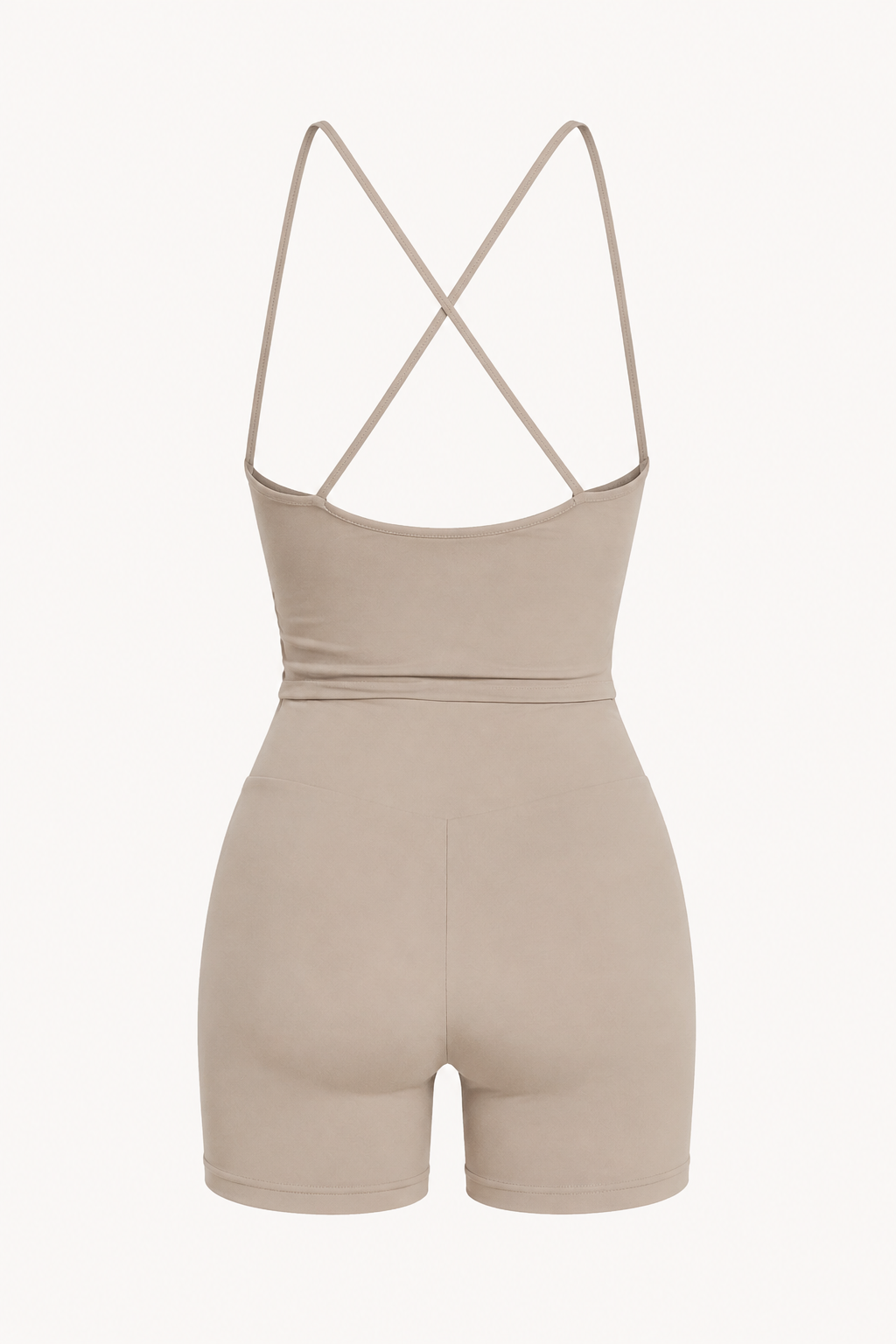 Taupe Spaghetti-Strap Cross-Back Athletic Romper studio product view