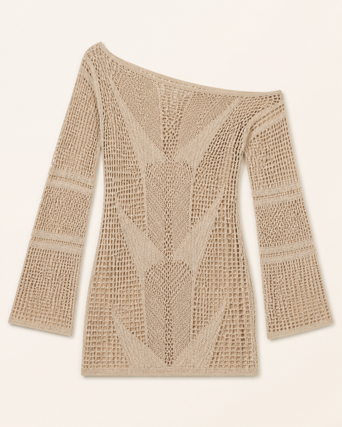 Beige Tan Crochet Off-Shoulder Long-Sleeve Mini Dress, product-only studio view
