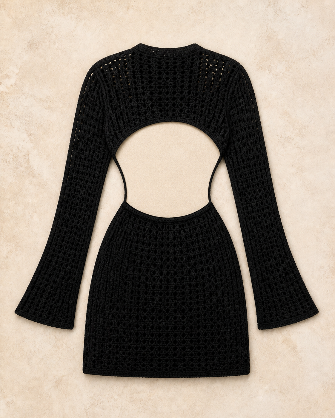 Black Crochet Open-Back Long-Sleeve Mini Dress, product-only studio back view