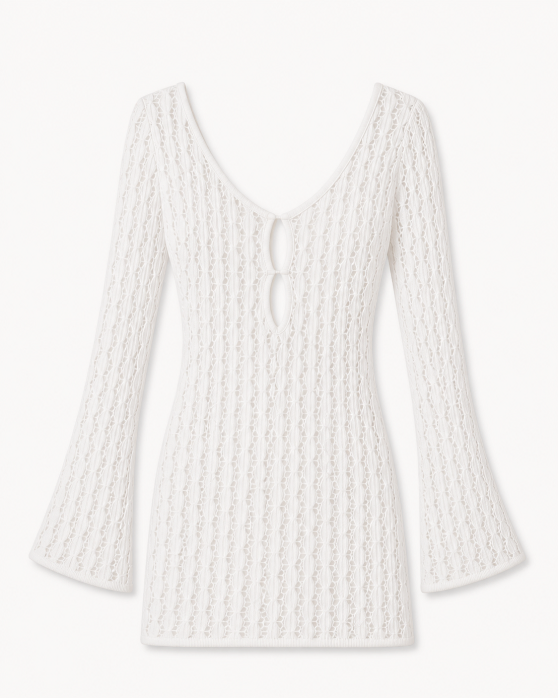 White Crochet Knit Long-Sleeve Mini Dress, product-only studio view