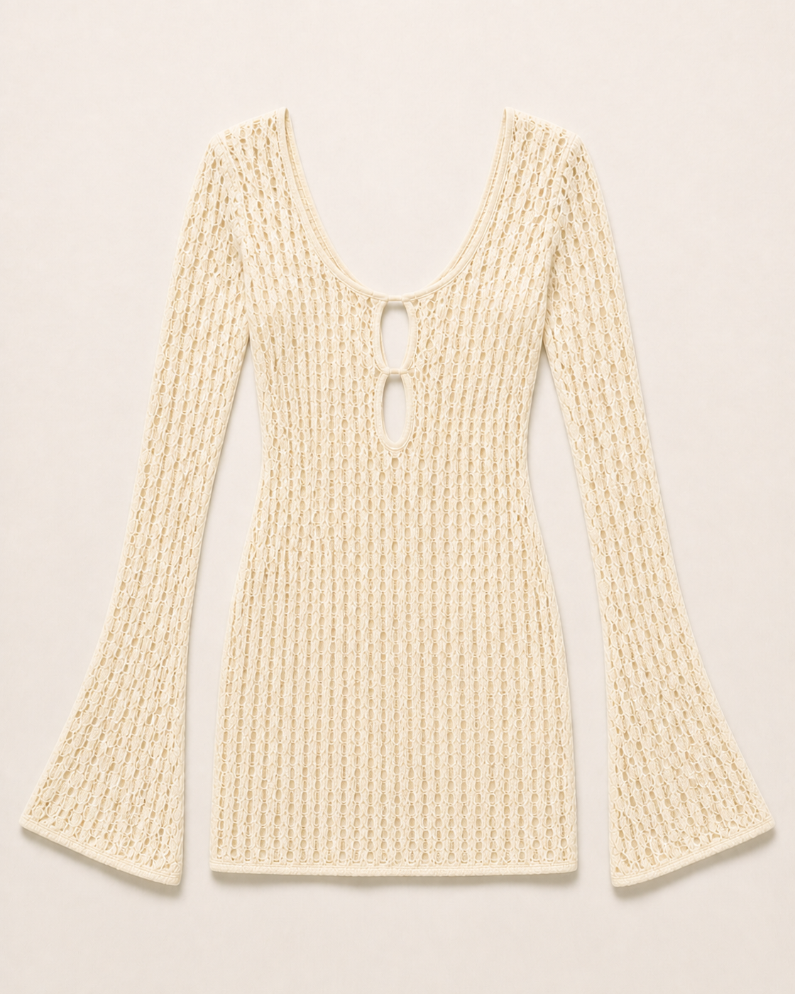 Beige/Cream Crochet Knit Long-Sleeve Mini Dress, product-only studio view