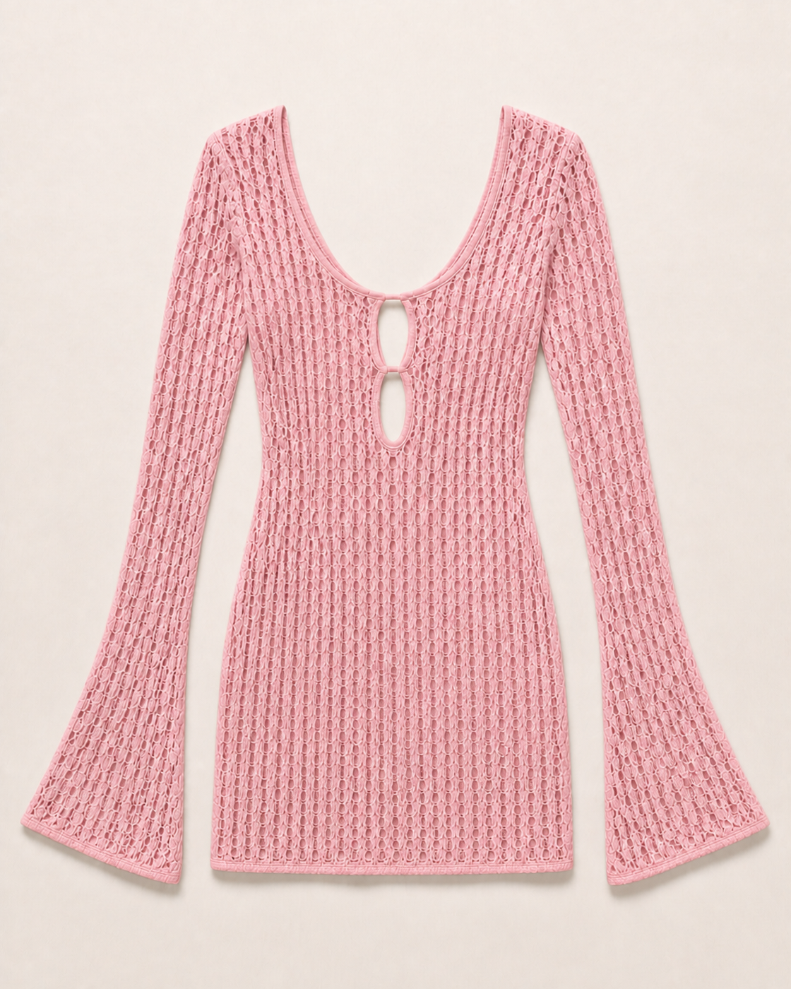 Pink Openwork Crochet Long-Sleeve Mini Dress, product-only studio view