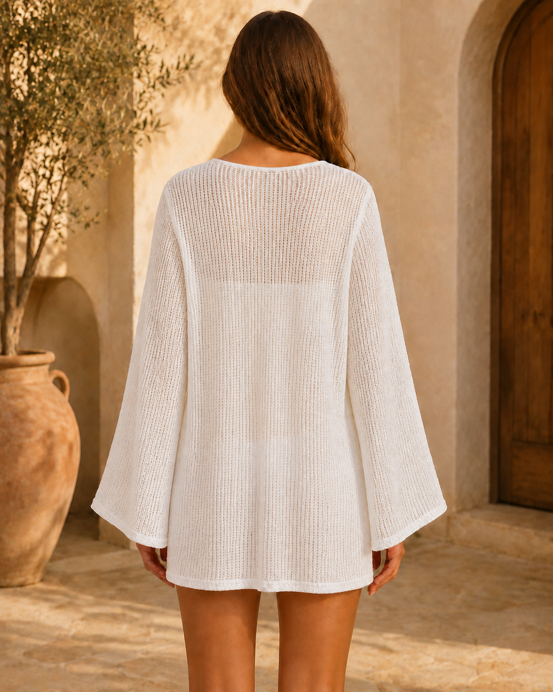 White Sparkle/Sequin Sheer Knit Long-Sleeve Beach Cover-Up Dress on light warm-tan model, back view