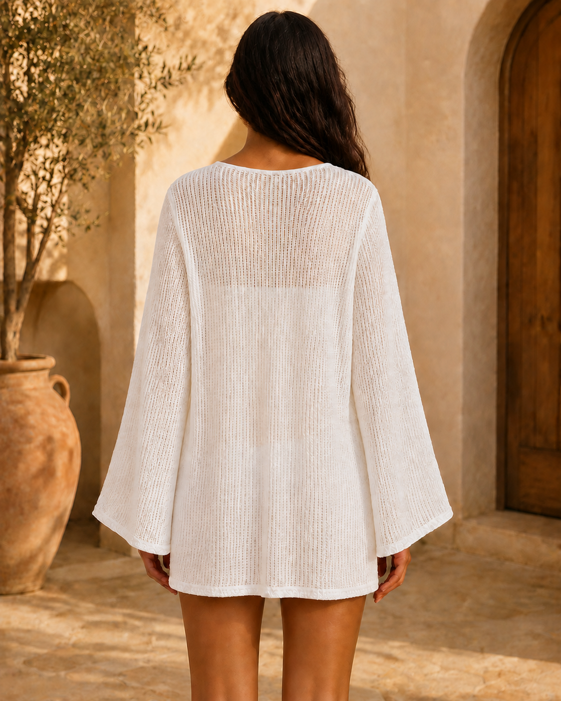 White Sparkle/Sequin Sheer Knit Long-Sleeve Beach Cover-Up Dress on medium olive-tan model, back view
