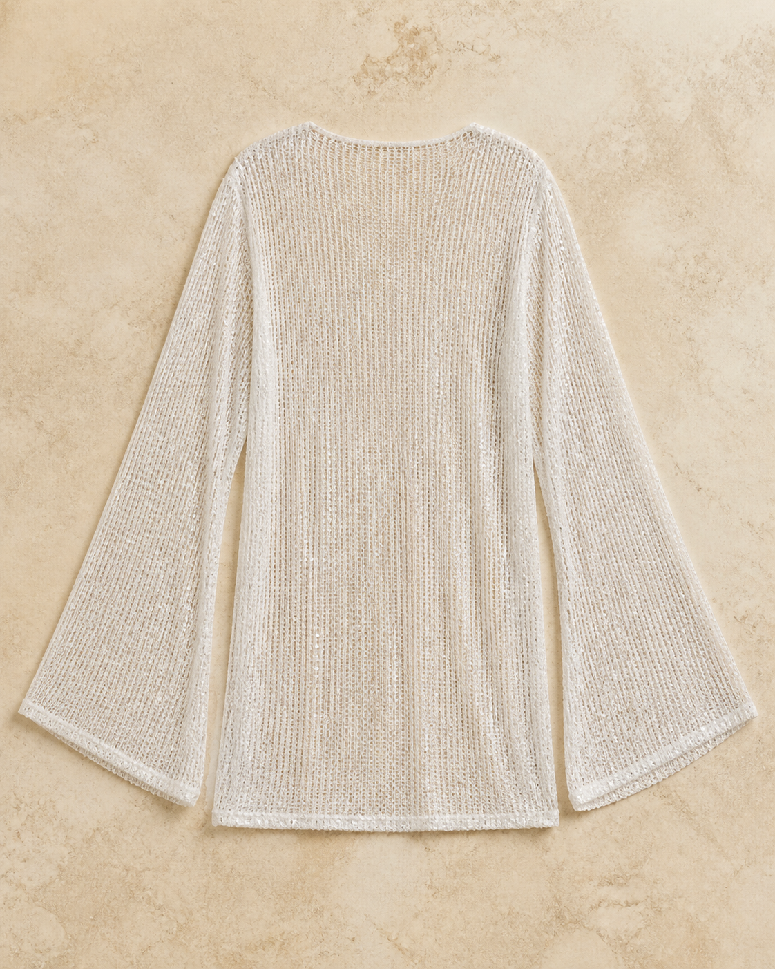 White Sparkle/Sequin Sheer Knit Long-Sleeve Beach Cover-Up Dress, product-only studio back view