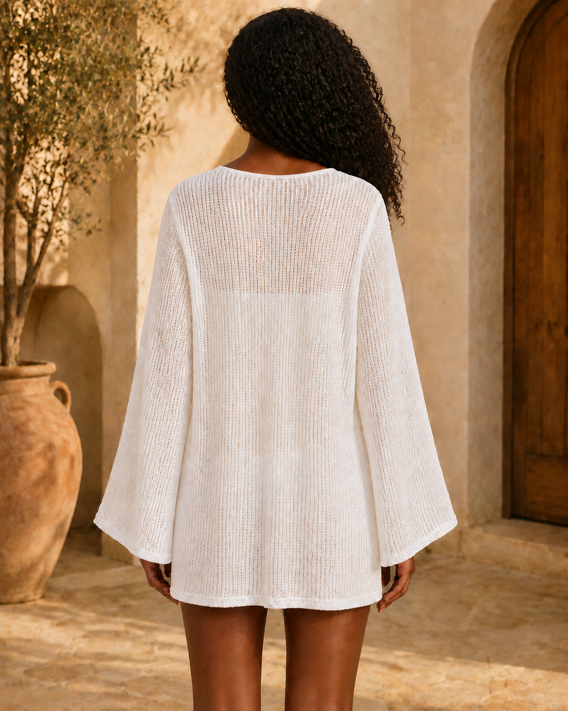 White Sparkle/Sequin Sheer Knit Long-Sleeve Beach Cover-Up Dress on medium-deep brown model, back view