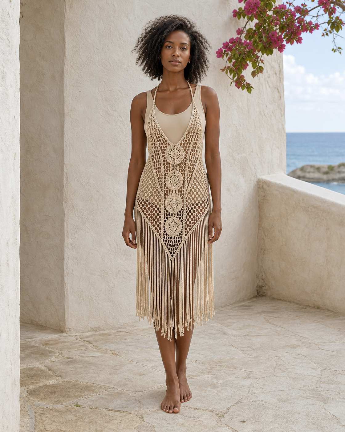 Beige crochet halter mini cover-up dress, front view on a third model