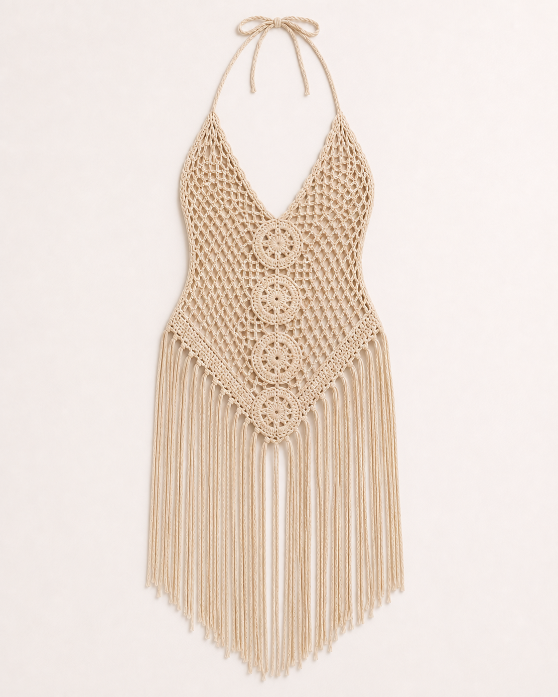 Beige crochet halter mini cover-up dress, flat lay, full garment shown
