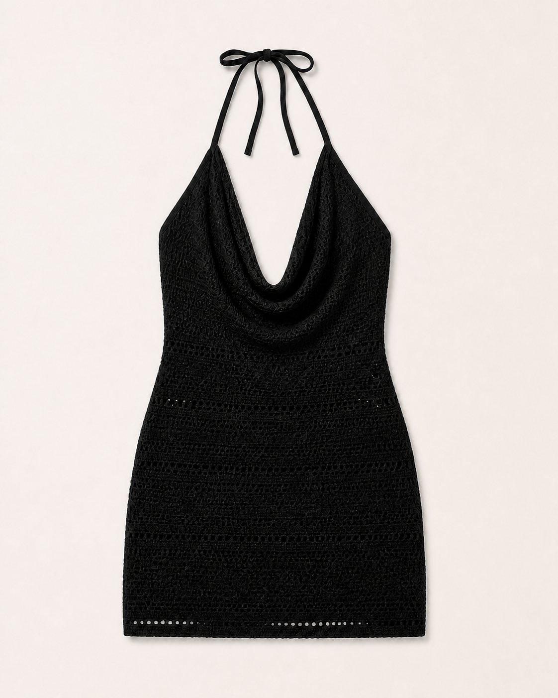 Black crochet halter mini cover-up dress, flat lay, full garment shown