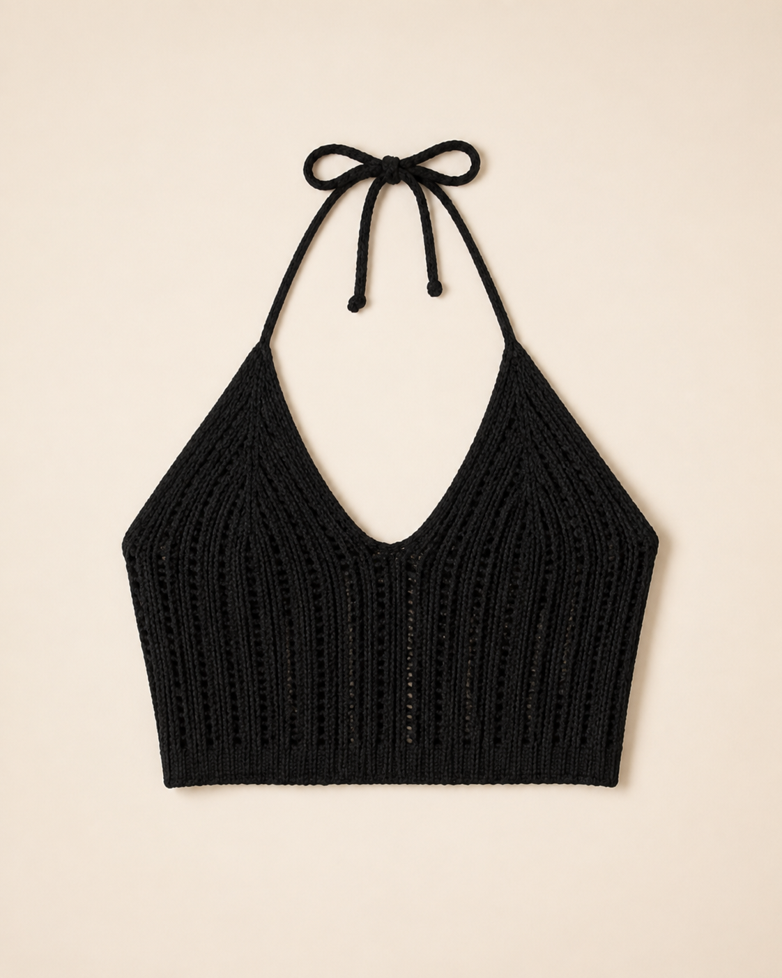 Black crochet halter crop top, standalone studio view