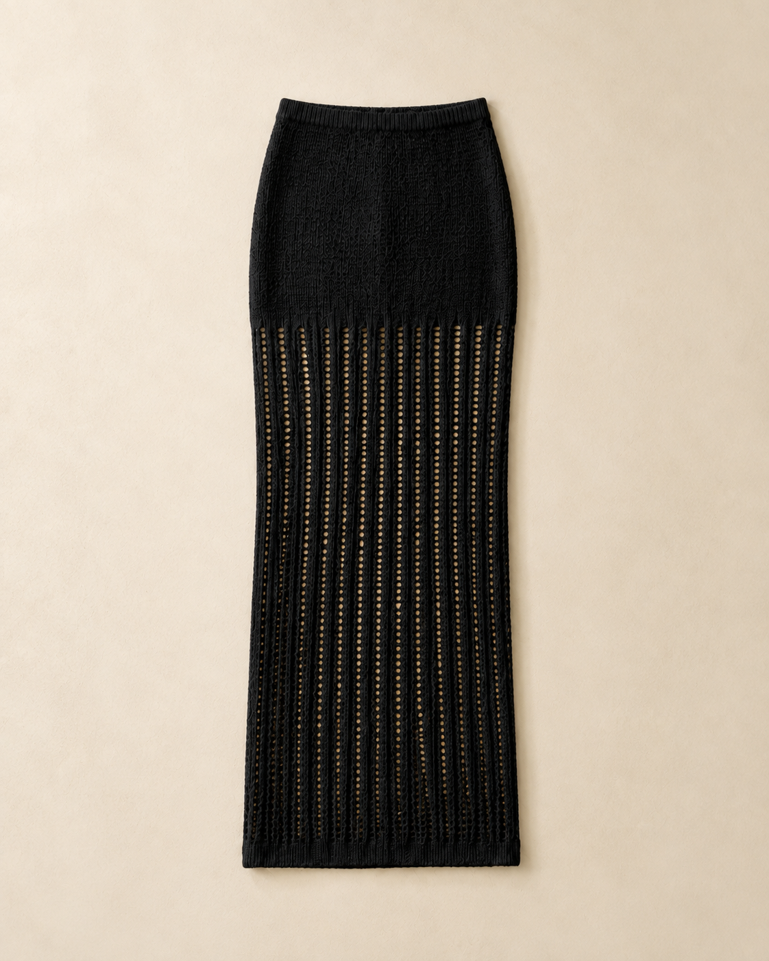 Black crochet knit maxi skirt, studio view, full garment shown