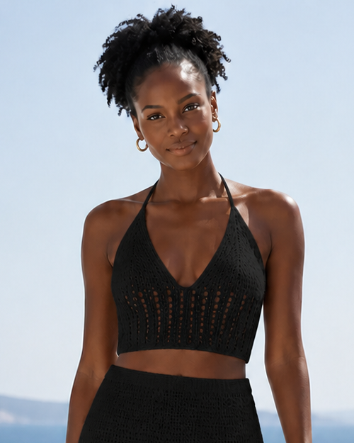 Black Crochet Knit Bralette Crop Top, product-focused model view