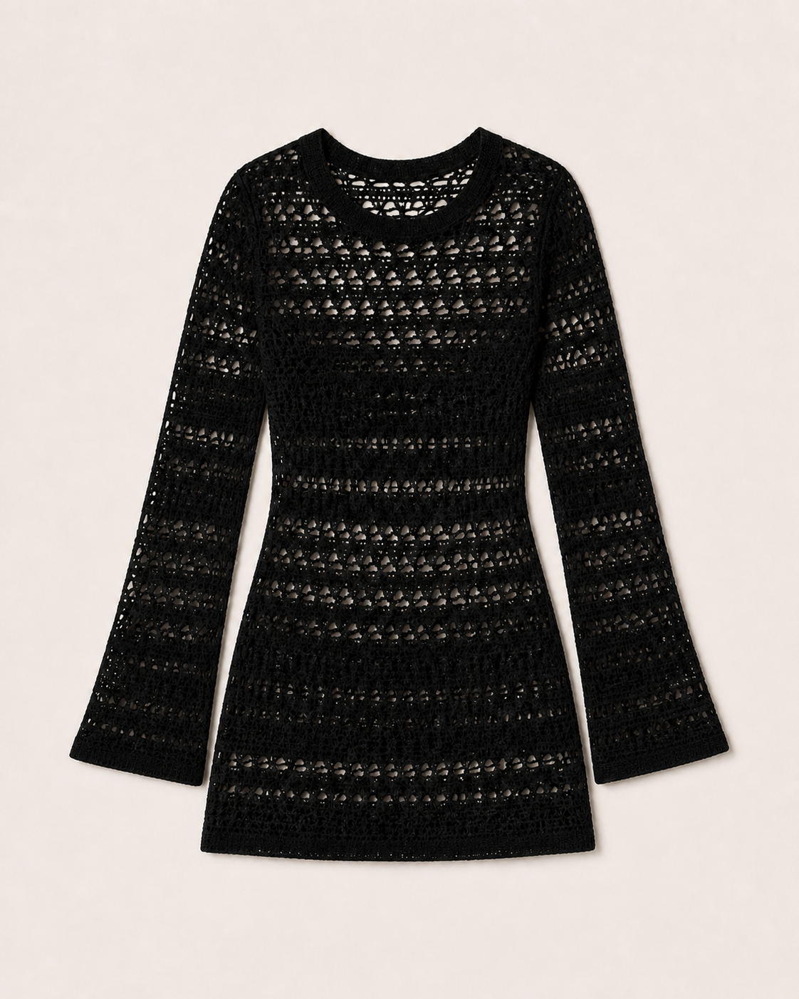 Black crochet long sleeve mini cover-up dress, flat lay, full garment shown