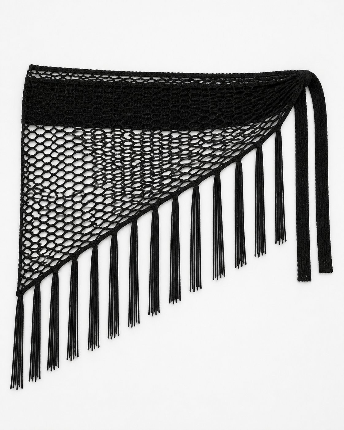 Black crochet and fishnet beach skirt, flat lay, full garment shown