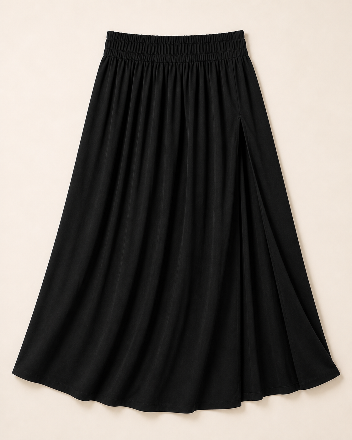 Black high-slit maxi skirt, studio view, full garment shown