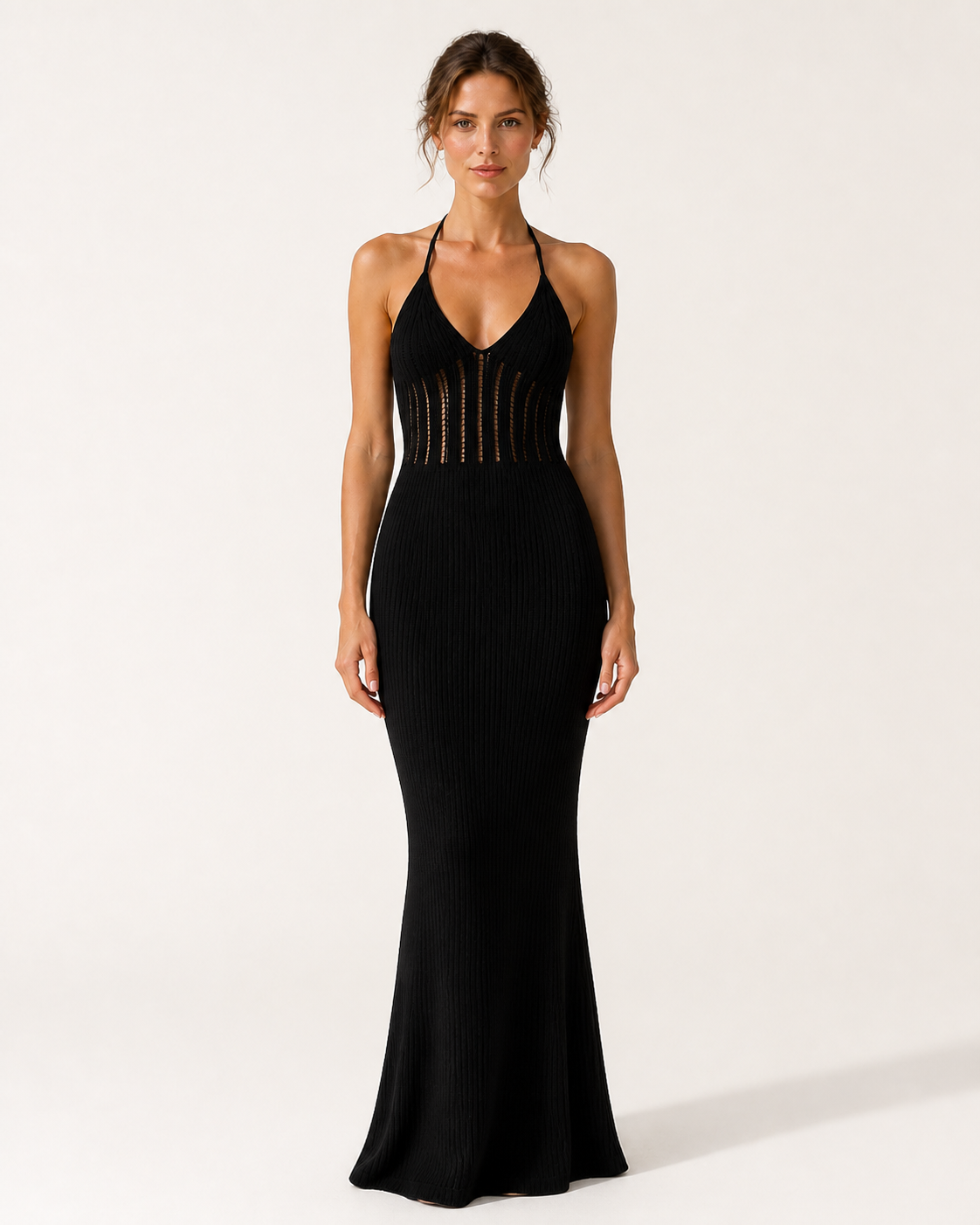 Black knit halter maxi cover-up dress, front view worn on model