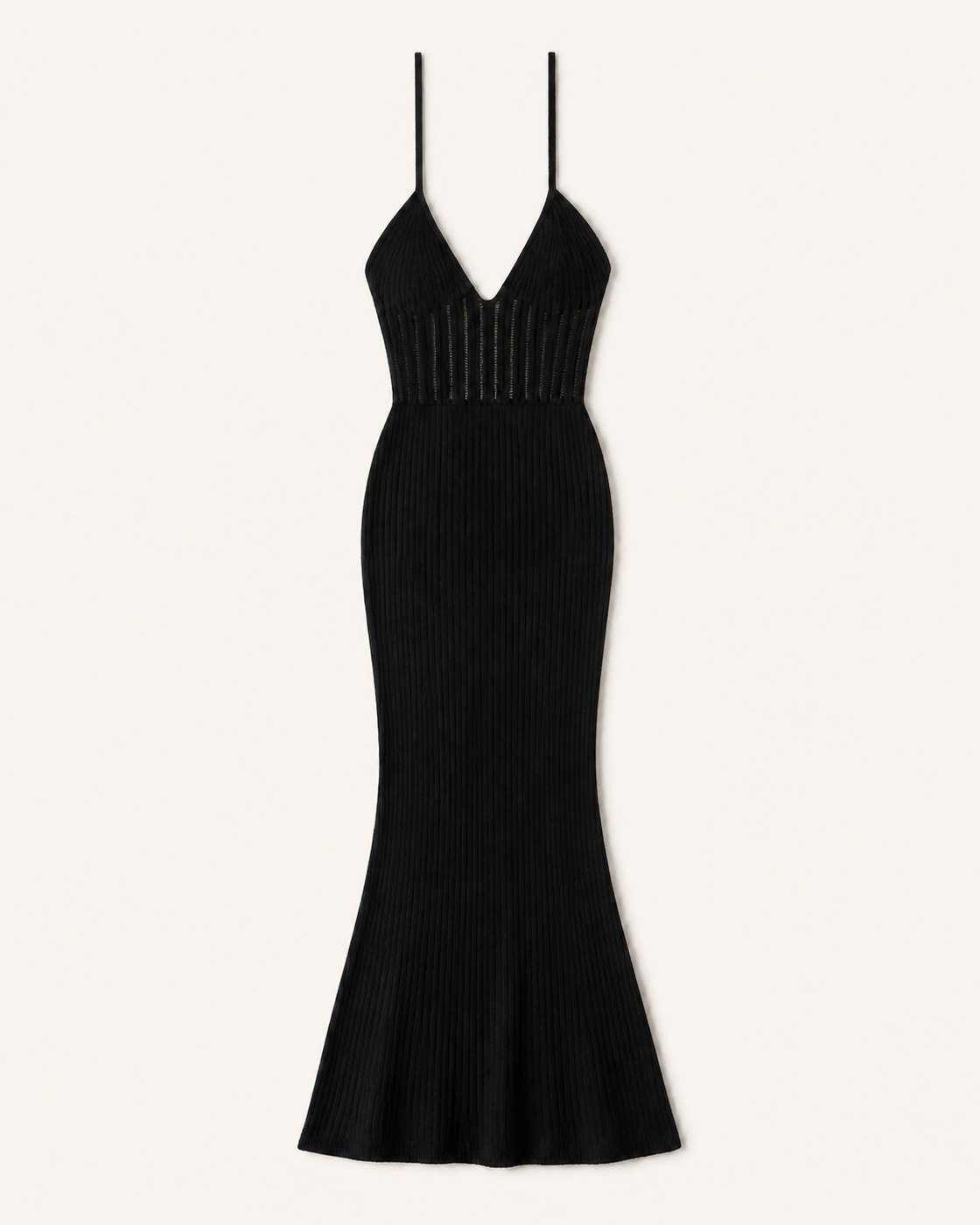 Black knit halter maxi cover-up dress, flat lay, full garment shown