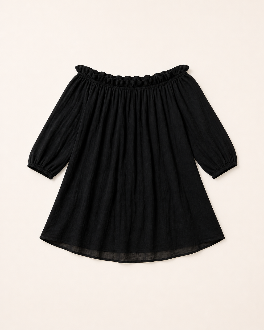 Black off-shoulder mini cover-up dress, flat lay, full garment shown