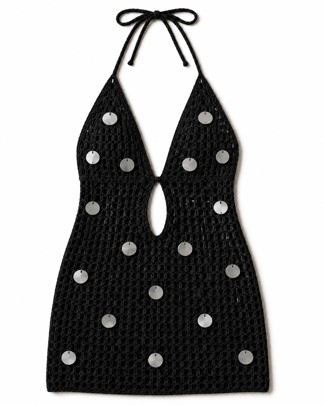 Black crochet and sequin halter mini cover-up dress, flat lay, full garment shown