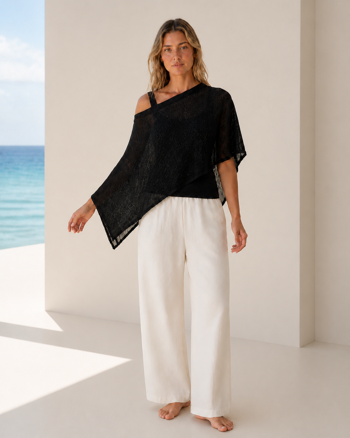 Black Sheer Knit Batwing Poncho Top