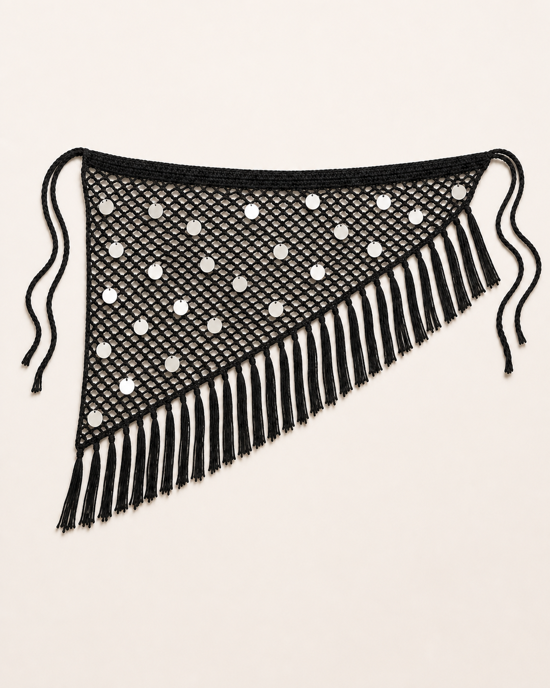 Black crochet and sequin beach skirt, flat lay, full garment shown