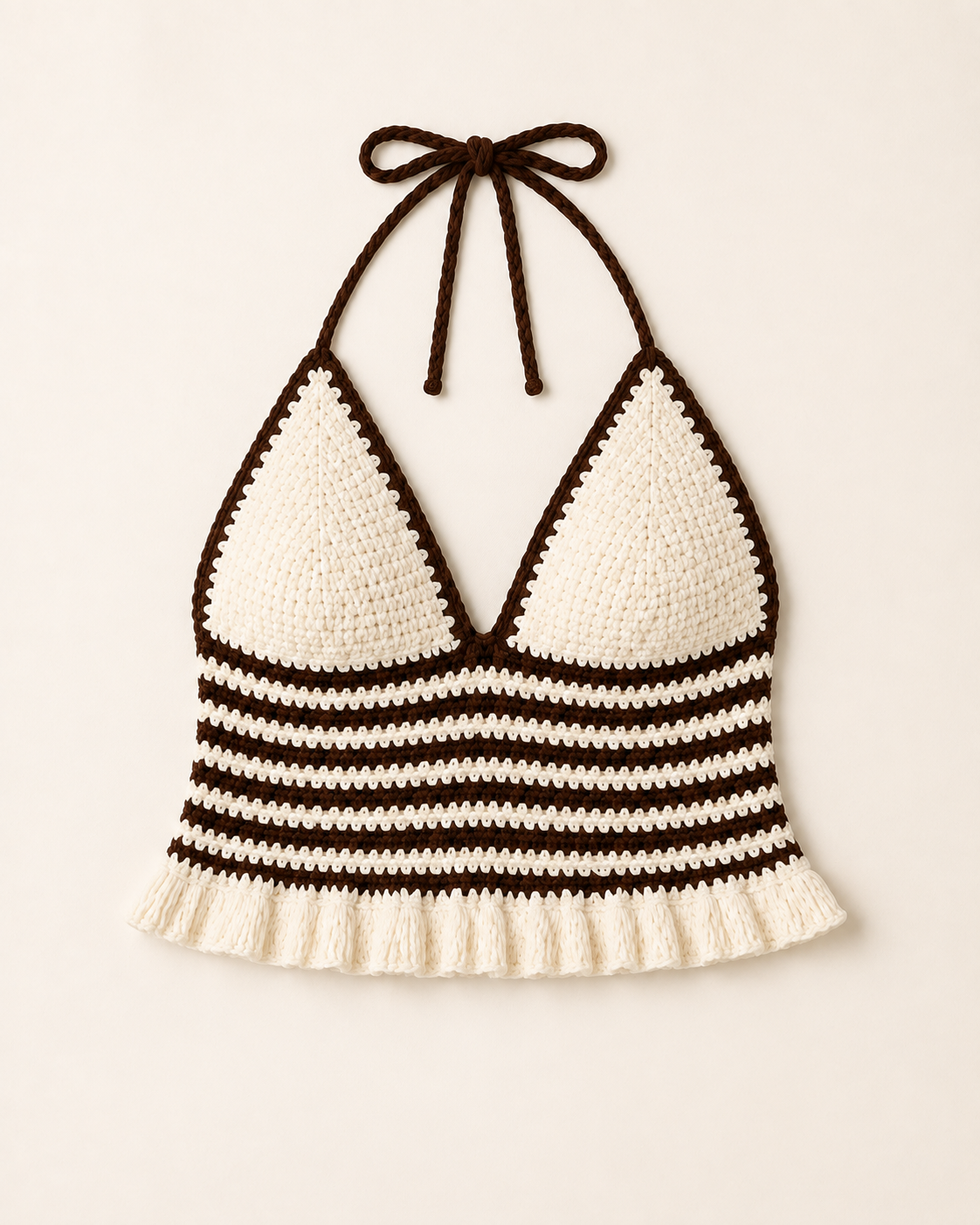 Brown and white striped crochet halter top, studio view