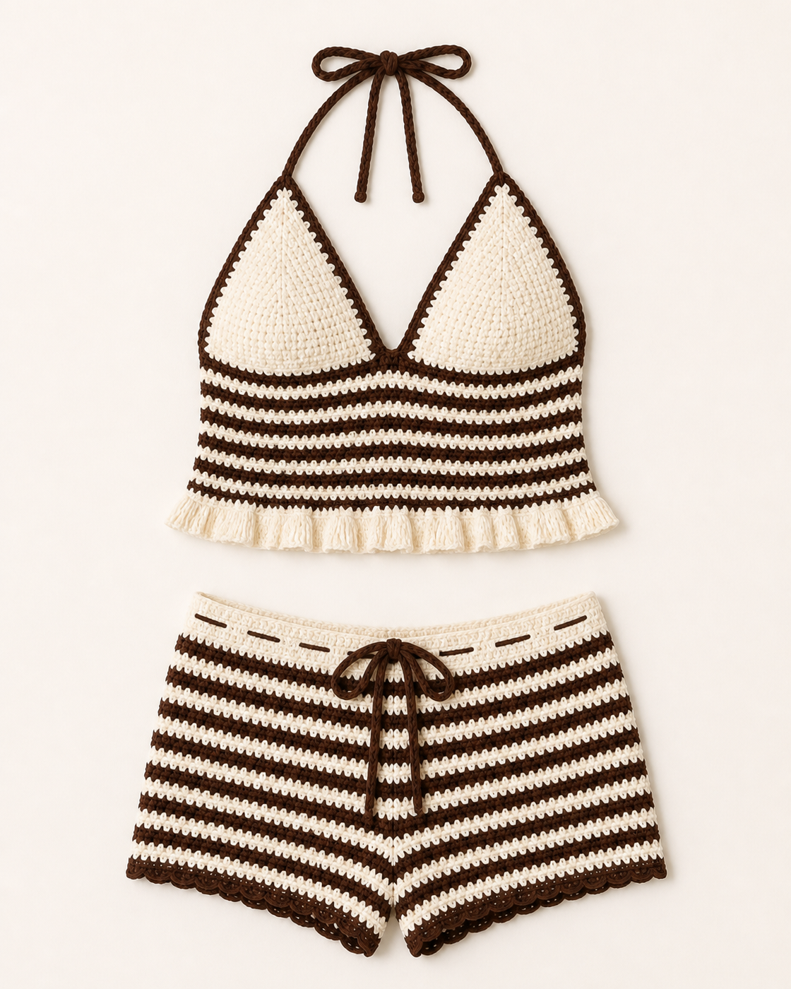 Brown crochet shorts, flat lay, full garment shown
