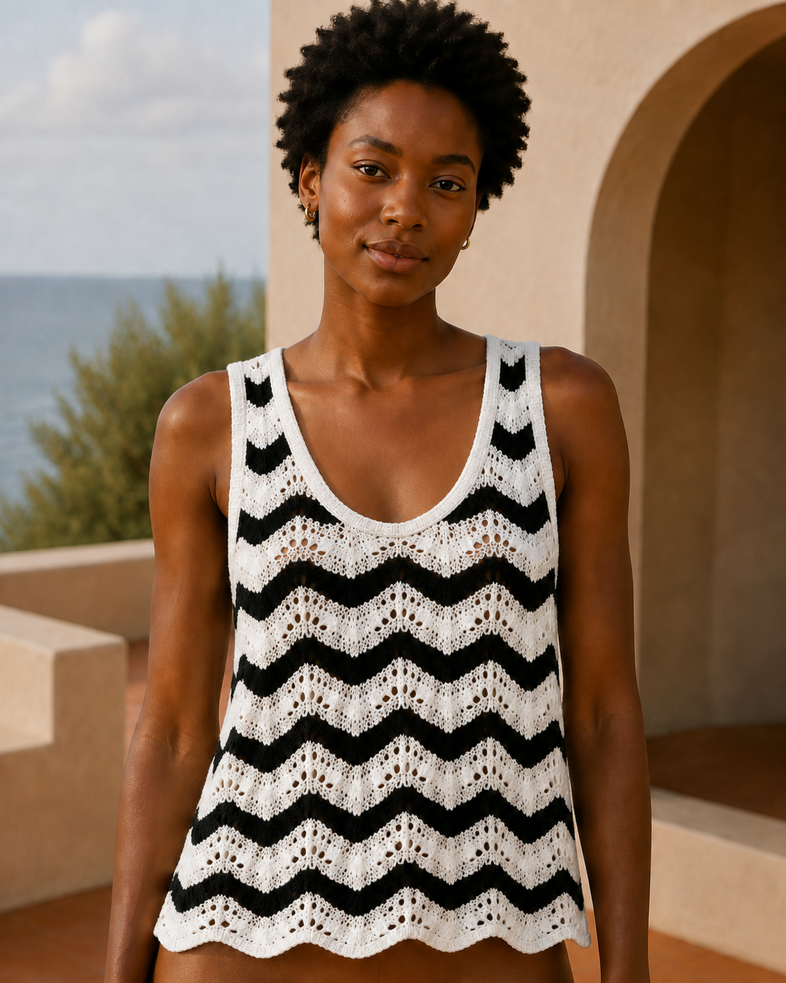 Black and white chevron knit tank top with rounded neckline, model view