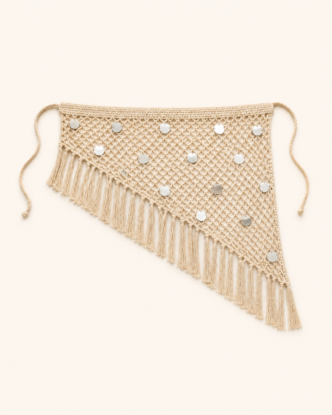 Beige crochet and sequin beach skirt, flat lay, full garment shown