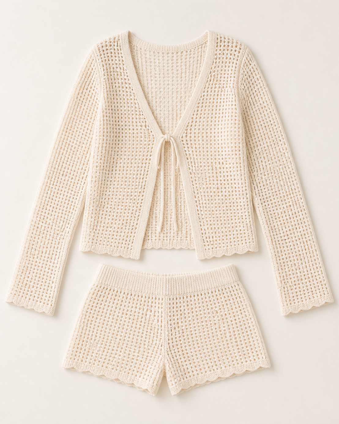 Cream knit shorts, flat lay, full garment shown