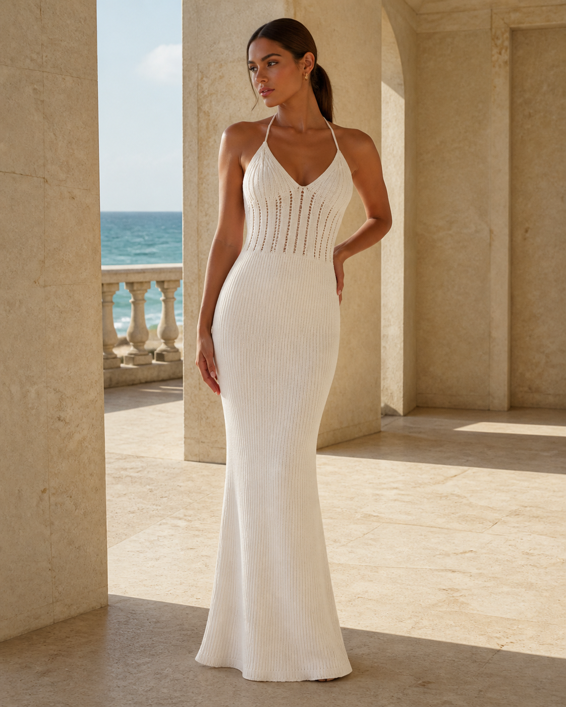 Cream knit halter maxi cover-up dress, front view on a second model