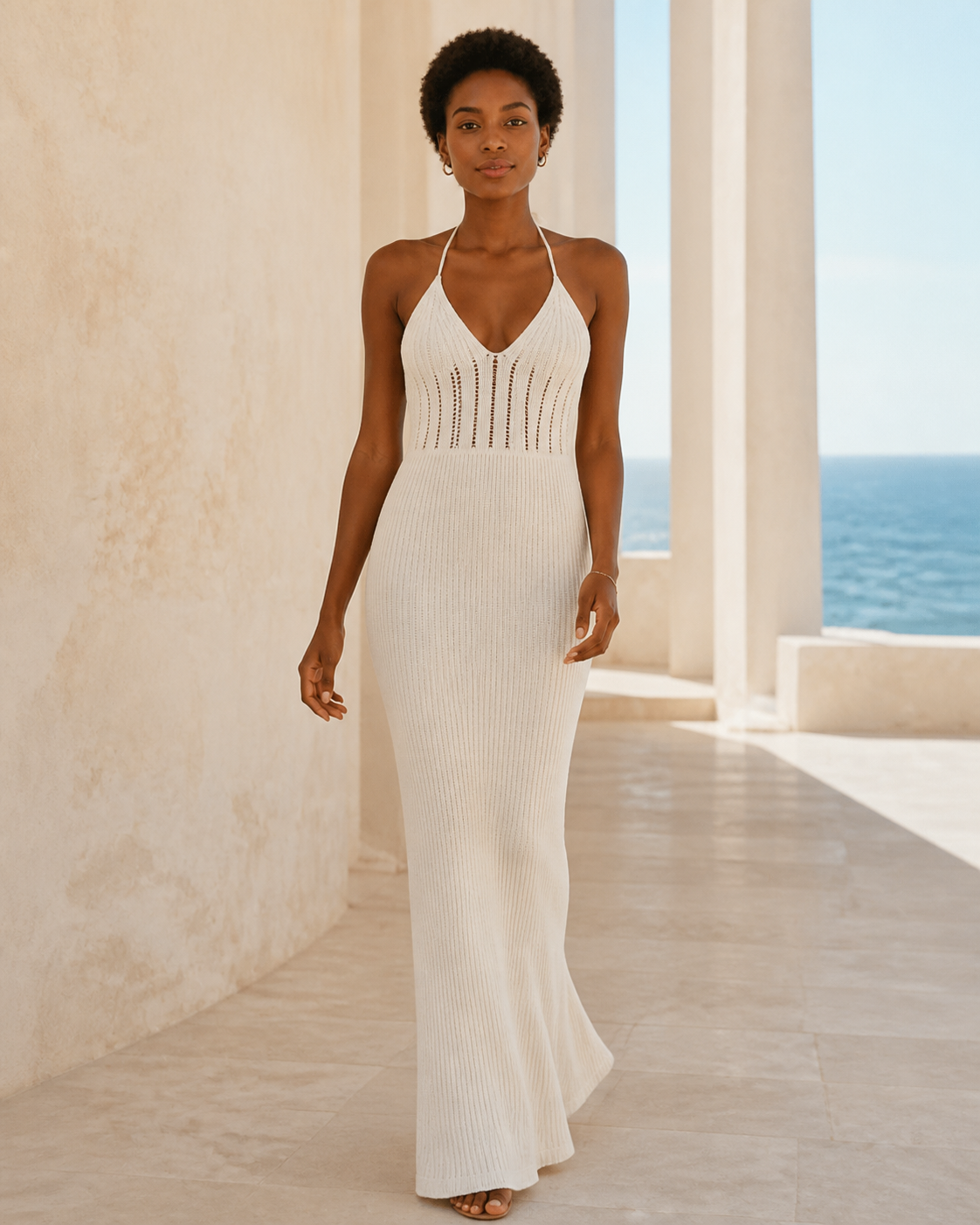 Cream knit halter maxi cover-up dress, front view on a third model