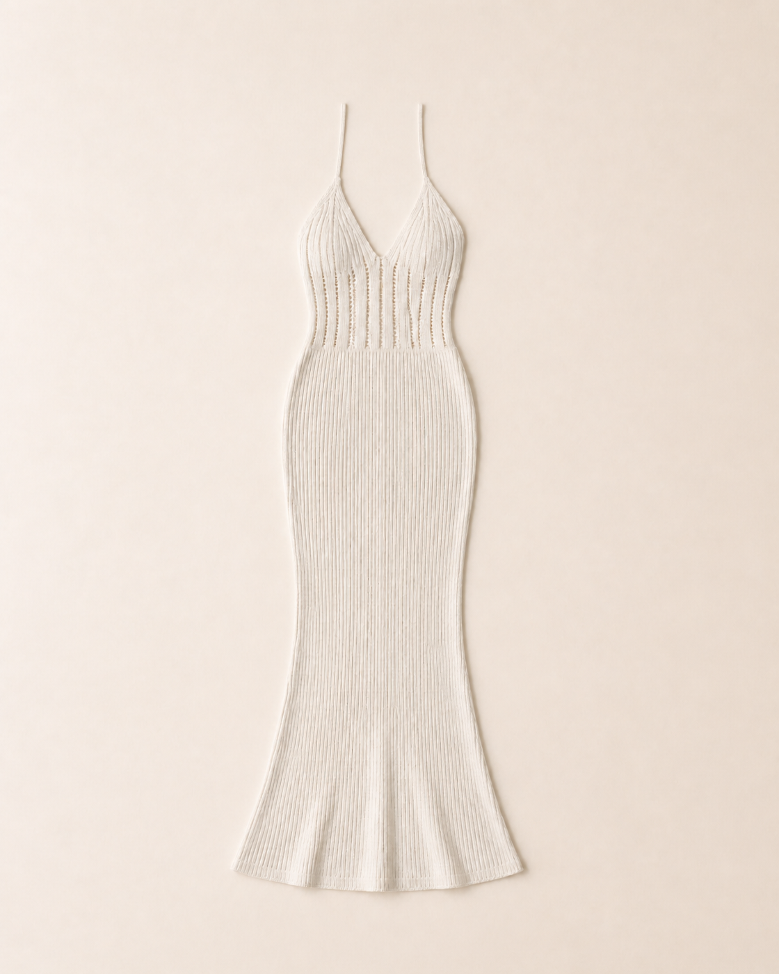 Cream knit halter maxi cover-up dress, flat lay, full garment shown