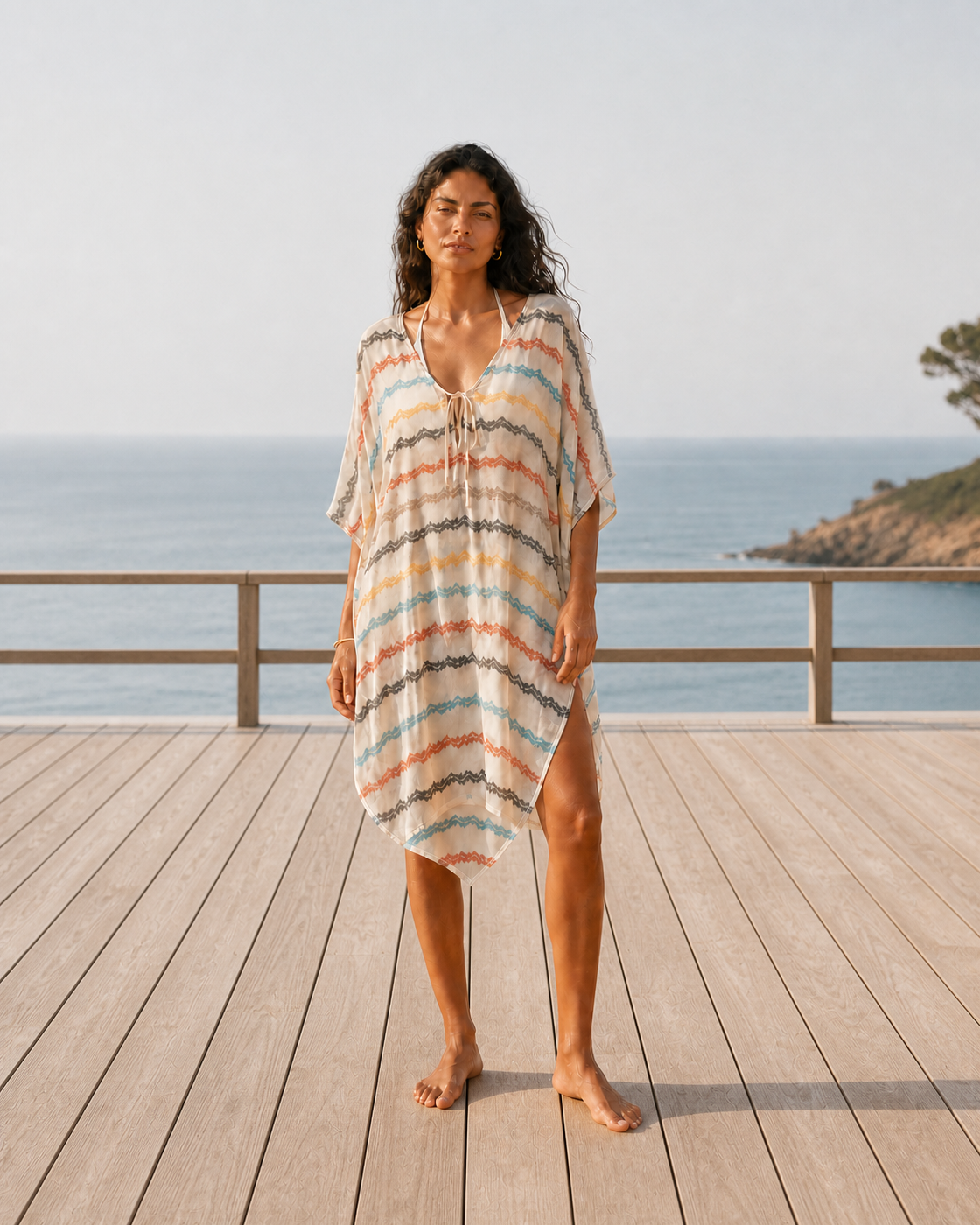 Cream kaftan, front view on a second model