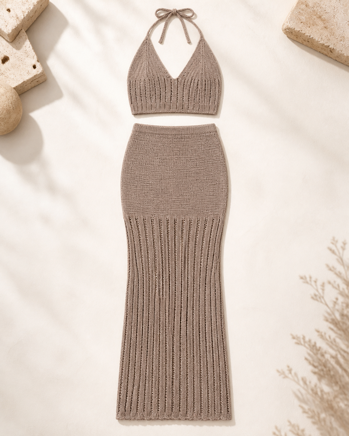 Mocha crochet knit halter top and maxi skirt set, studio flat lay