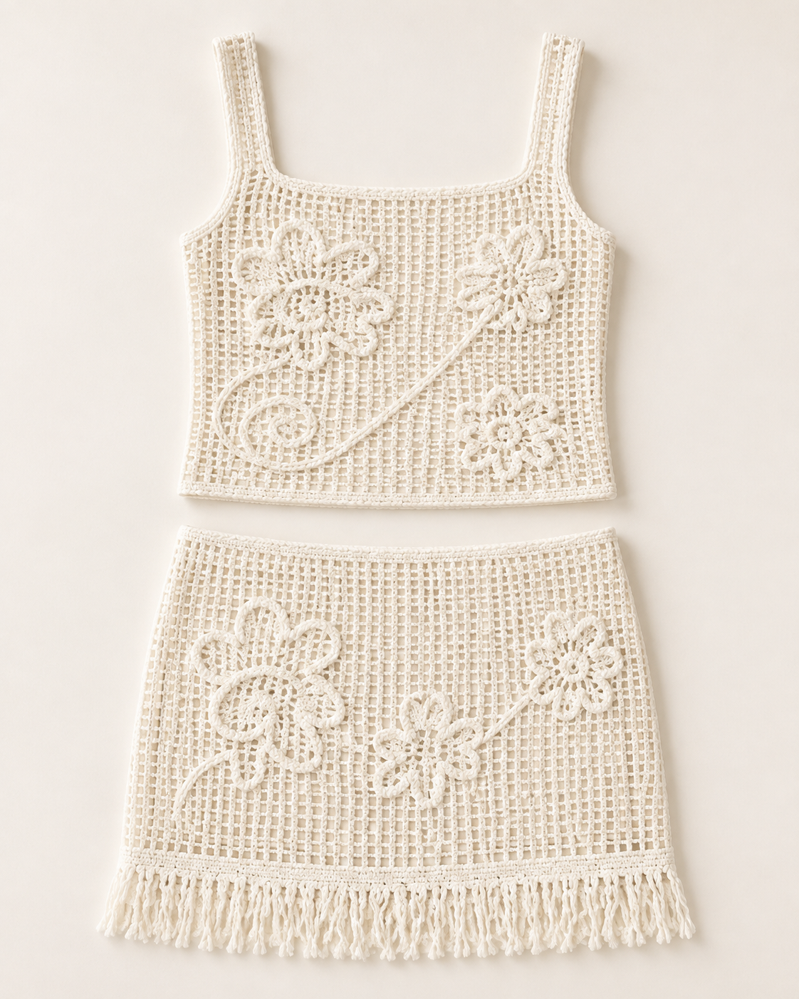 Cream floral crochet cami and fringe skirt set, studio product view