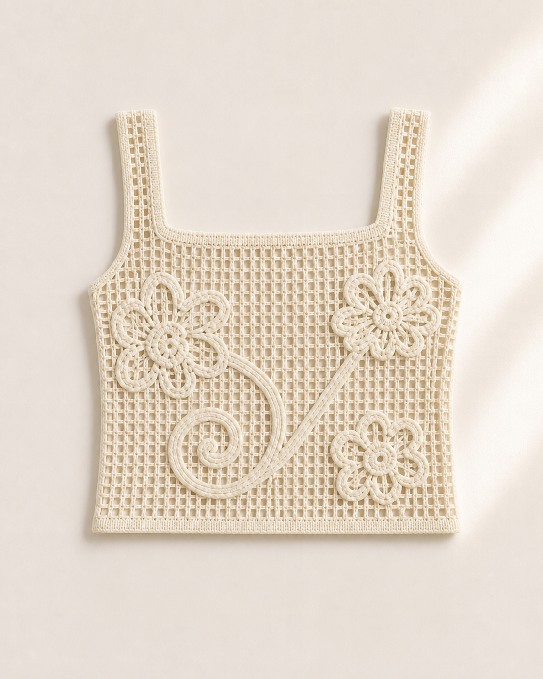 Cream off-white crochet fringe cami top with floral vine detail, studio product view