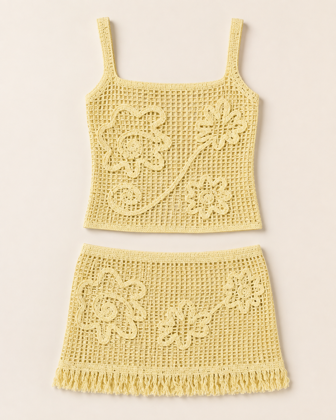 Pale yellow floral crochet cami and fringe skirt set, studio
