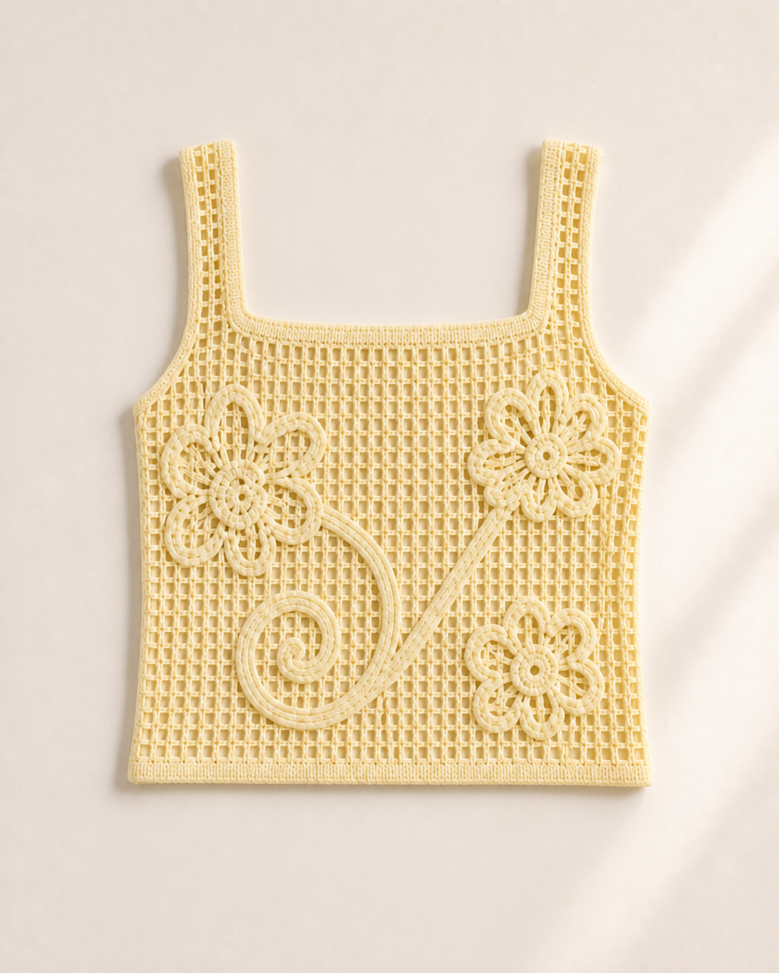 Pale yellow crochet fringe cami top with floral vine detail, studio product view