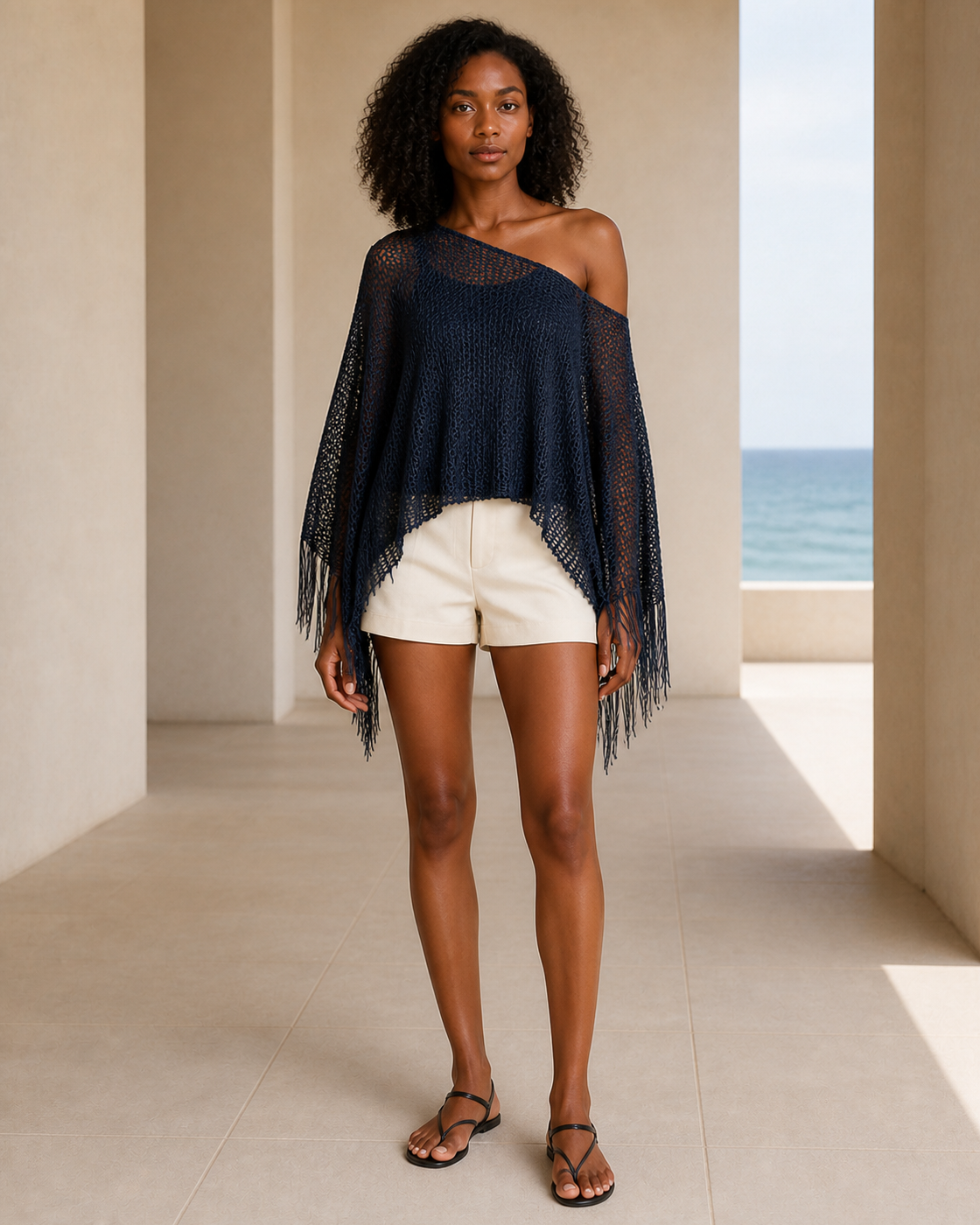 Navy Blue with Sparkle/Metallic Thread Sheer Mesh Fringe Poncho Cover-Up on medium-deep brown model, front view