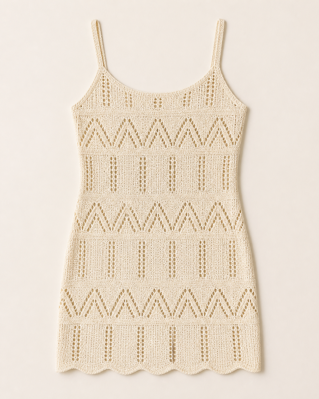 Cream/Beige Crochet Cami Mini Dress with Chevron Pattern, product-only studio view